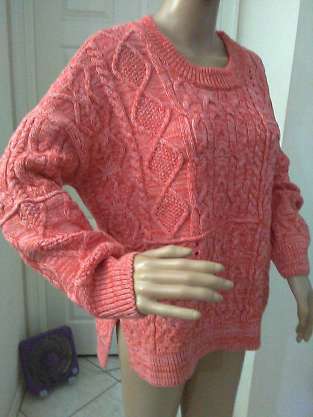 NWOT Anthropologie PILCRO Coral Cable-Knit Crewneck Sweater OVERSIZED XS